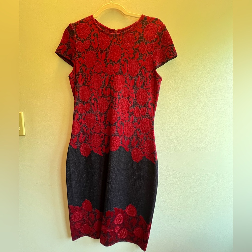 Elegant Red and Black St John Floral Dress